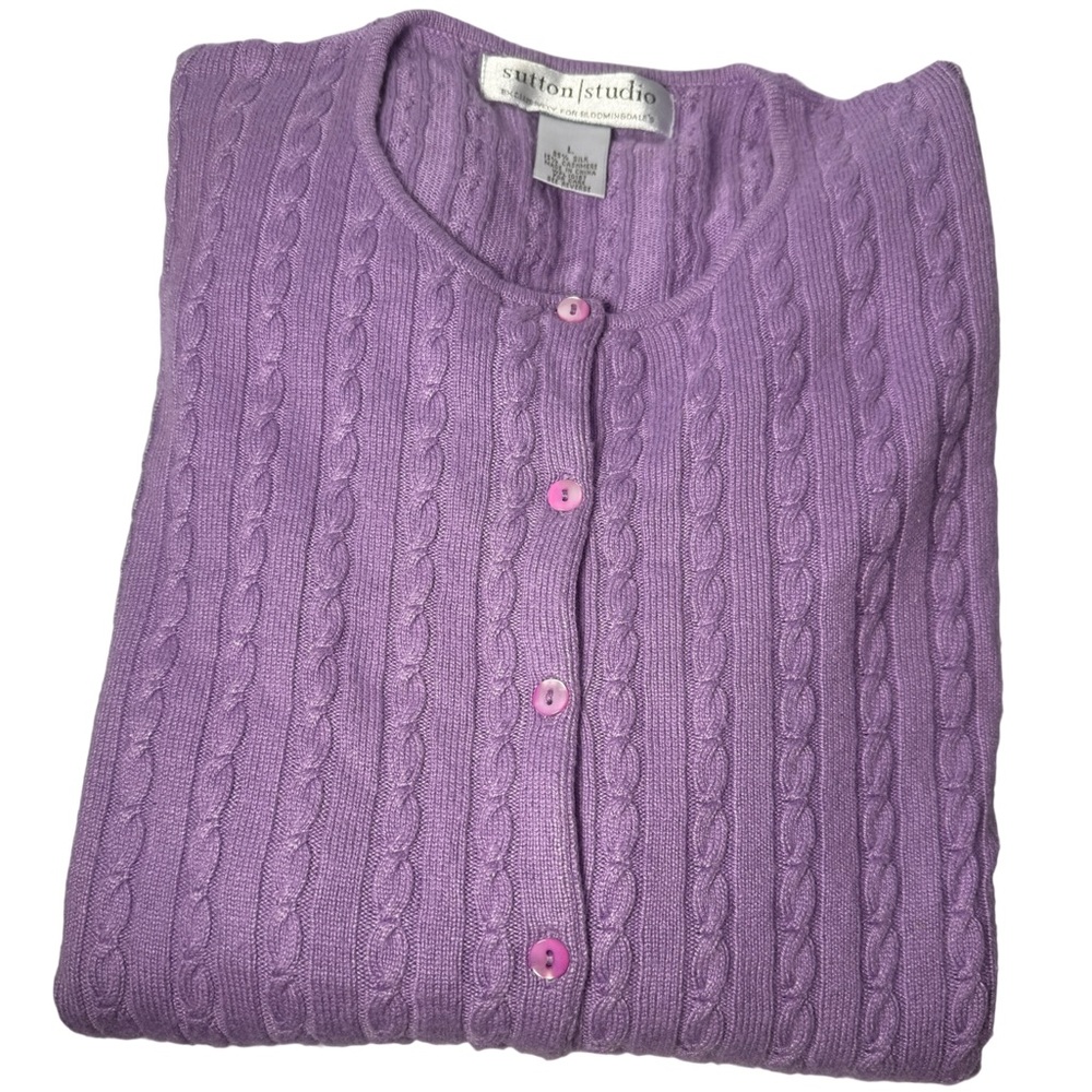 Sutton Studio Lavender Silk Cashmere Cable Knit Cardigan